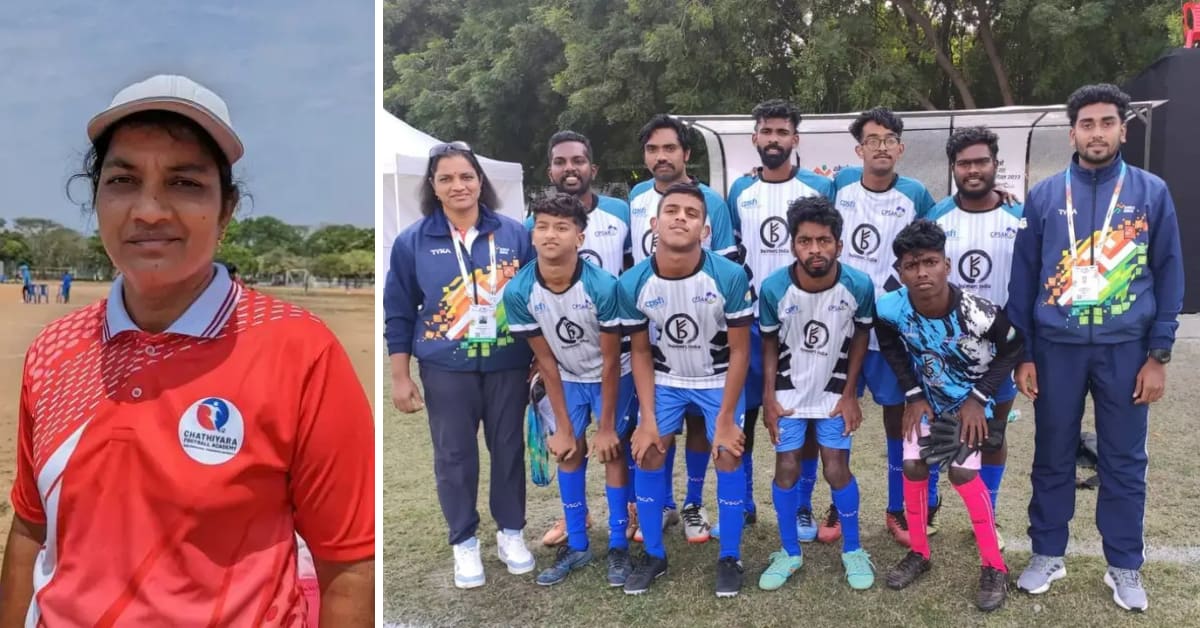 Kerala coach Girija Kumari Madhu stands with young football players with cerebral palsy on village field