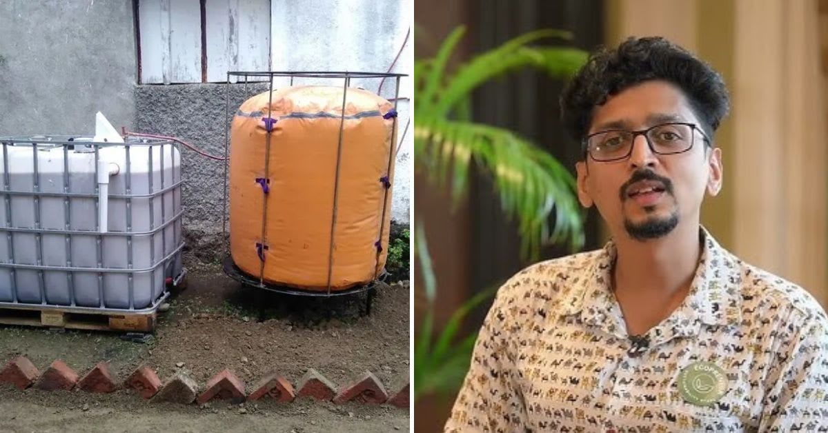 Vaayu biodigester system converting kitchen waste into cooking gas in Indian home kitchen