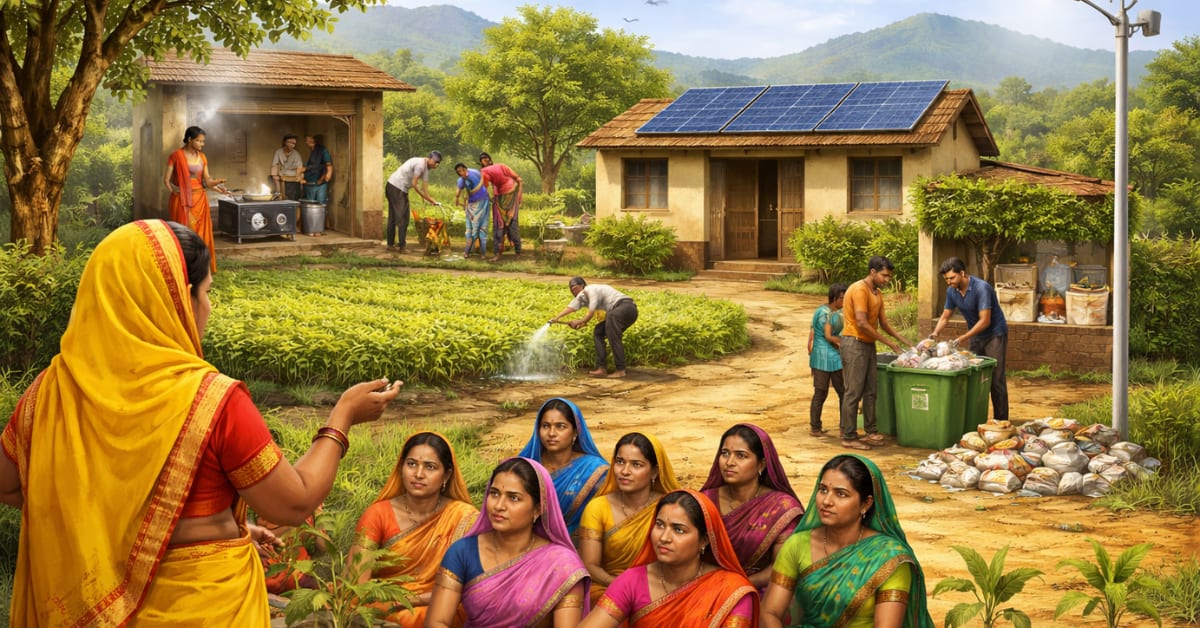 Solar panels on rooftops in Bela village, Maharashtra, surrounded by green trees