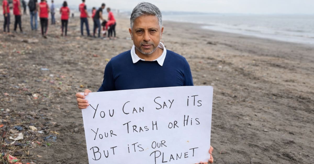 Volunteers collecting plastic waste and debris during weekend beach cleanup in Mumbai, India