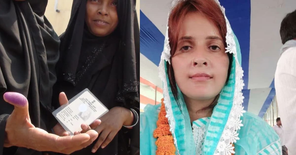 Indian village women learning to write signatures during literacy training session in Bihar