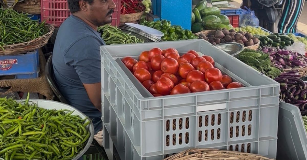 Street vendor arranging fresh vegetables in water-cooled portable crate in India