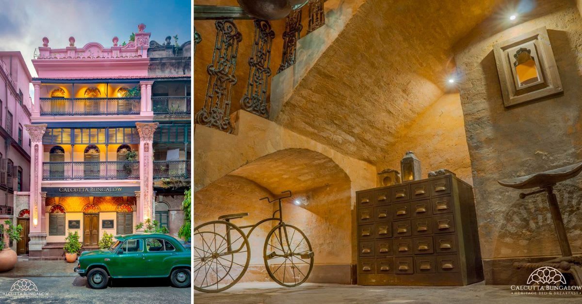 Restored 1926 Bengali bungalow with classical architecture, colored glass windows, and lush courtyard garden