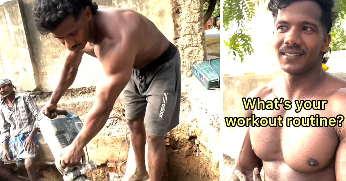 Muscular construction worker in Chennai showing physique built through labor and simple diet