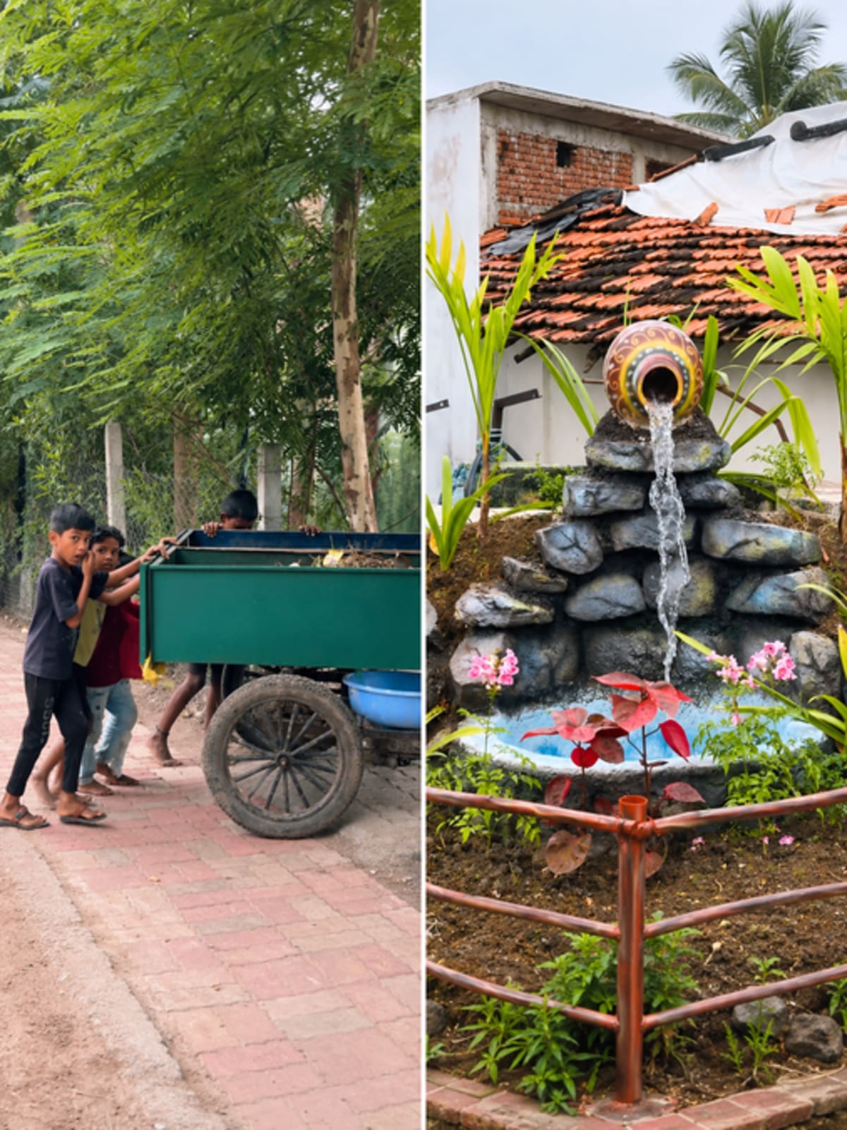 Clean village street in Maharashtra with solar streetlights and residents maintaining public spaces