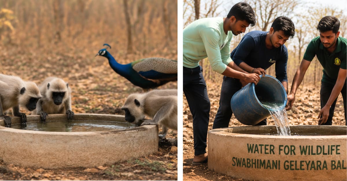 Large cement water bowl in forest ground with peacock and langur drinking during summer