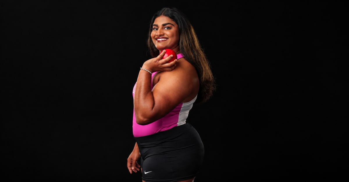 Krishna Jayasankar Menon competing in shot put, preparing to release the ball during competition