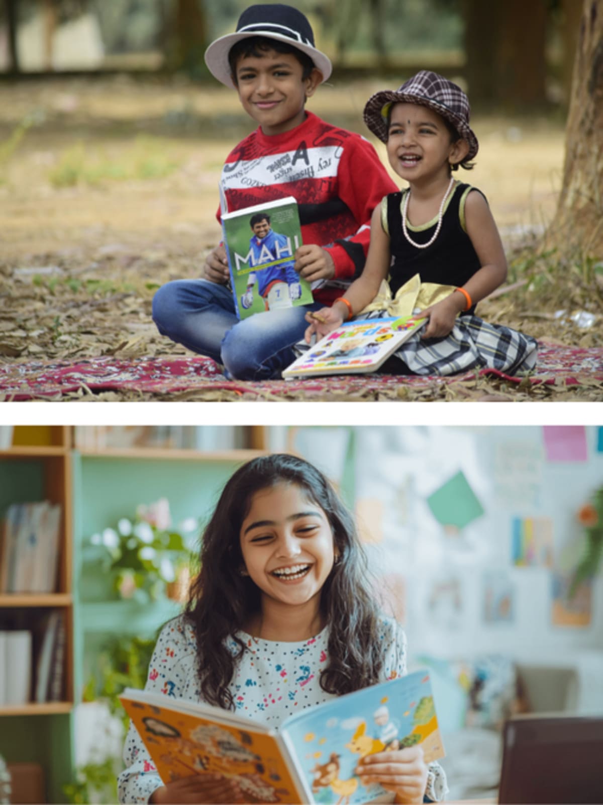 Stack of colorful children's books arranged on wooden table with natural sunlight
