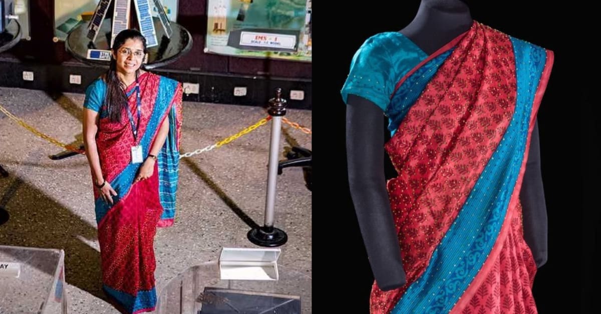 Red and blue patterned saree displayed on mannequin at Smithsonian Air and Space Museum