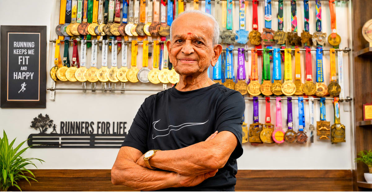 96-year-old N S Dattatreya in running gear preparing for a marathon in Bengaluru, India
