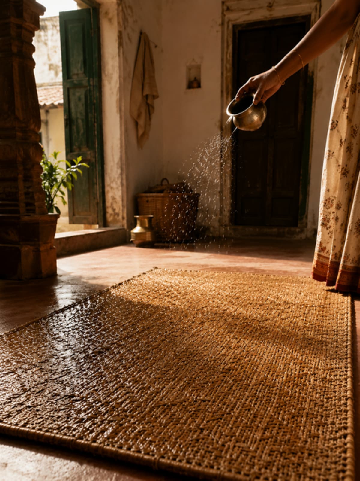 Traditional clay water pot sitting in shaded Indian courtyard beside woven jute mat
