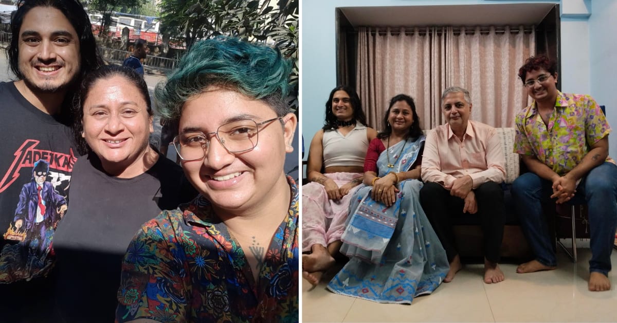 Two young adults standing with supportive parents in Mumbai family portrait