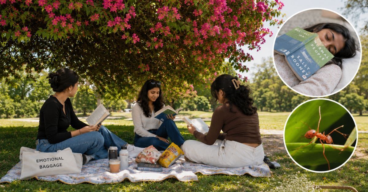 Three people sitting under a flowering bougainvillaea tree on grass in a sunny park