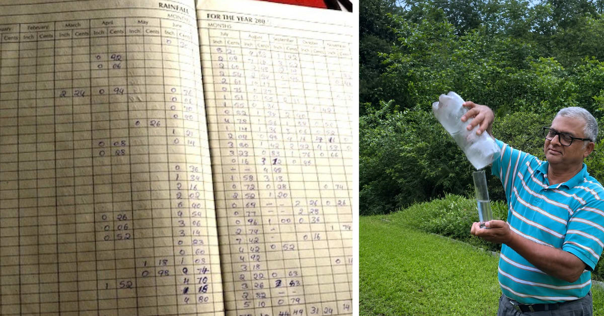 Handwritten rainfall notebook on coffee estate in Kodagu, India's hill district