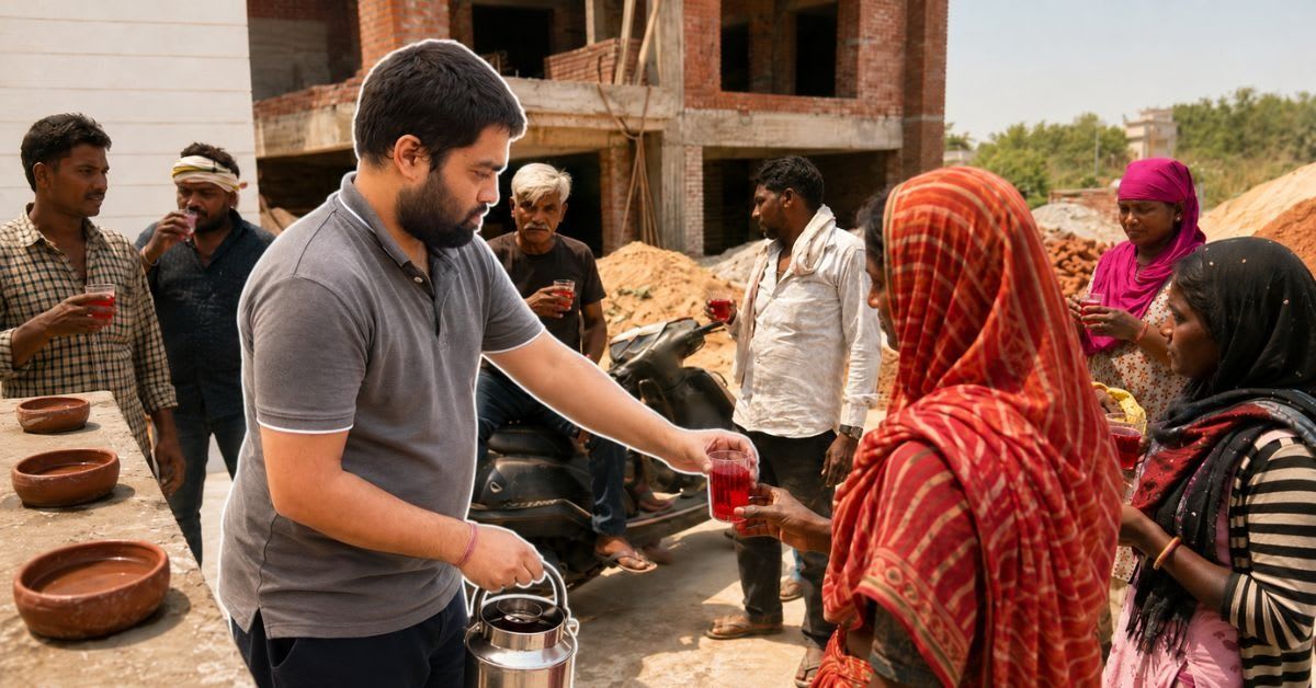 ** Man distributing cold drinks to outdoor workers in summer heat in Agra, India
