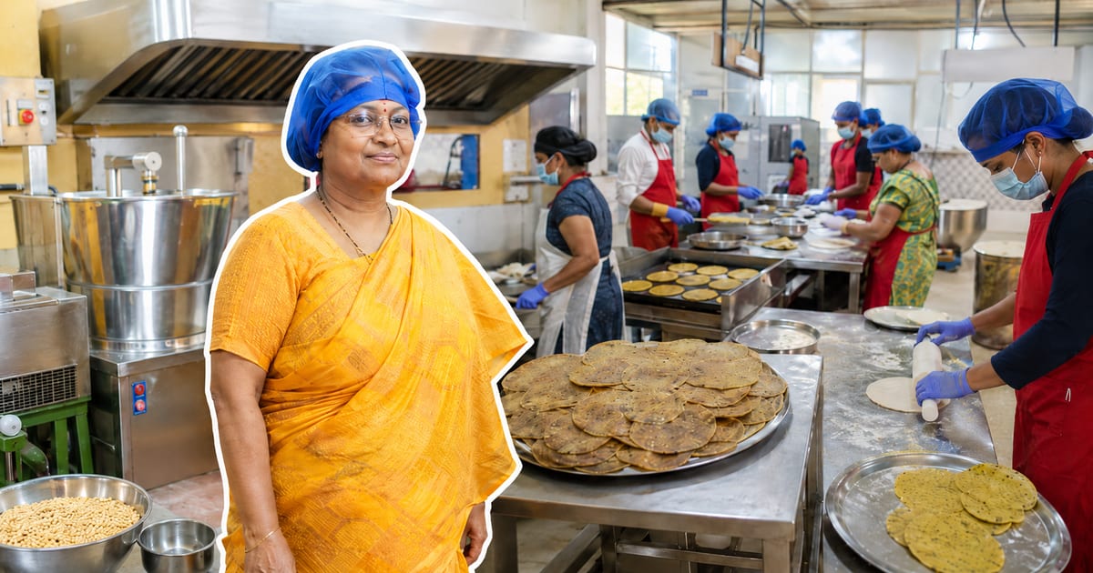 Women working together in a kitchen preparing traditional South Indian food products
