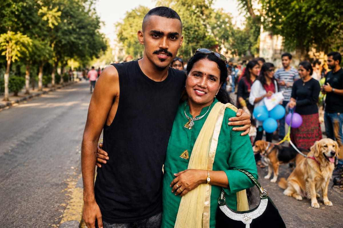 Indian mother and adult son embracing warmly, representing family acceptance and unconditional love