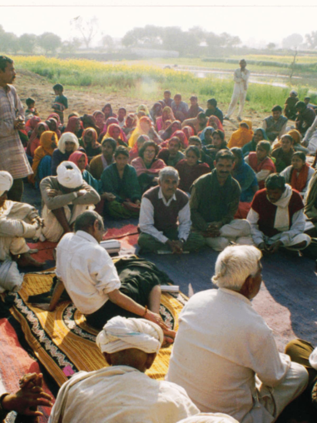 Traditional crescent-shaped johad water harvesting structure in rural Rajasthan collecting rainwater