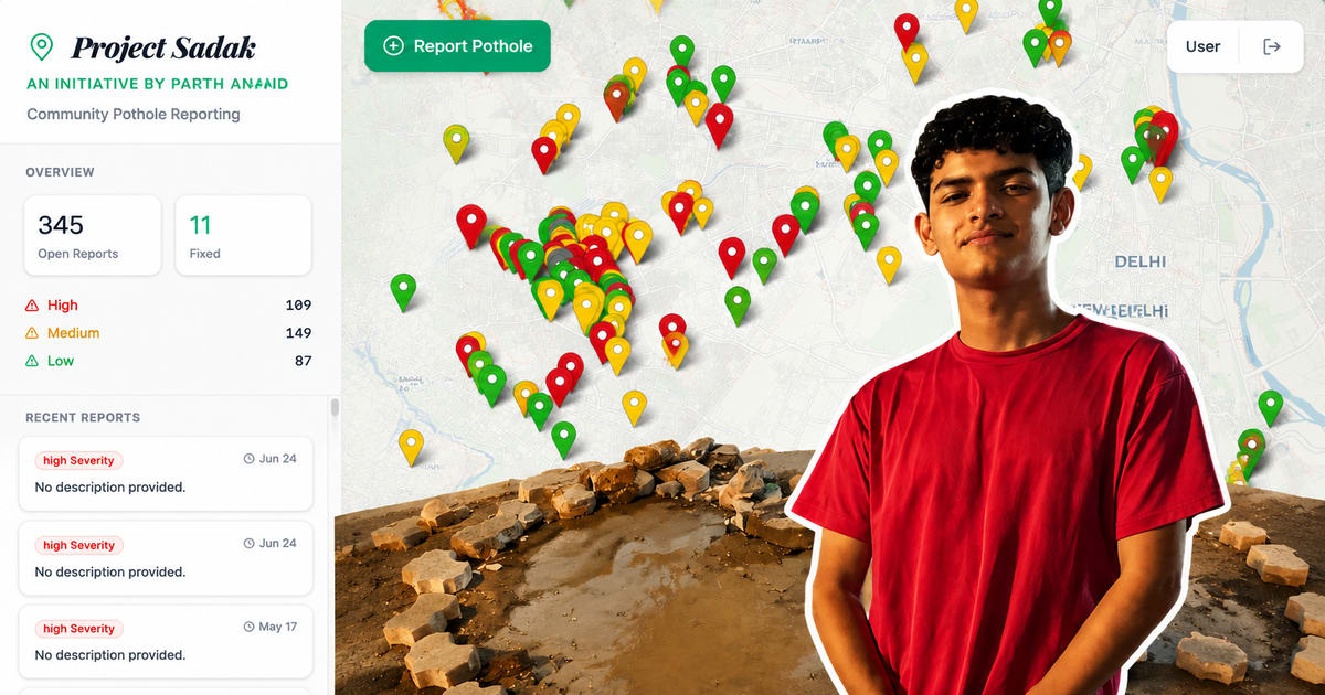 Delhi teenager Parth working on laptop developing Project Sadak AI pothole reporting platform
