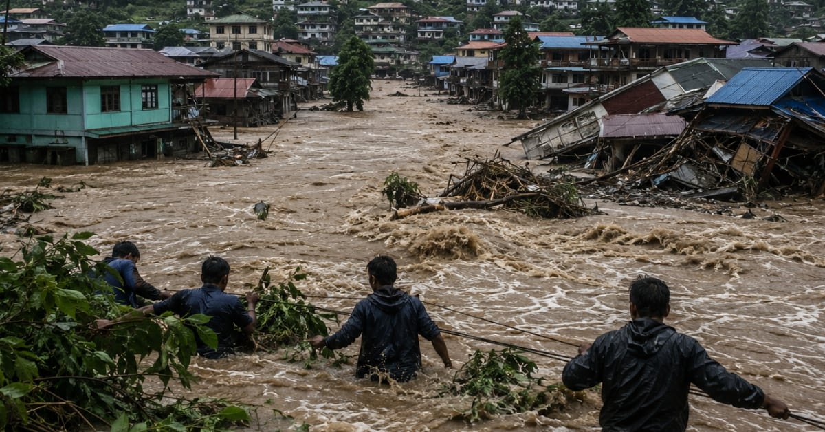 Aerial view of newly formed lake behind landslide debris blocking Siji River in Arunachal Pradesh mountains
