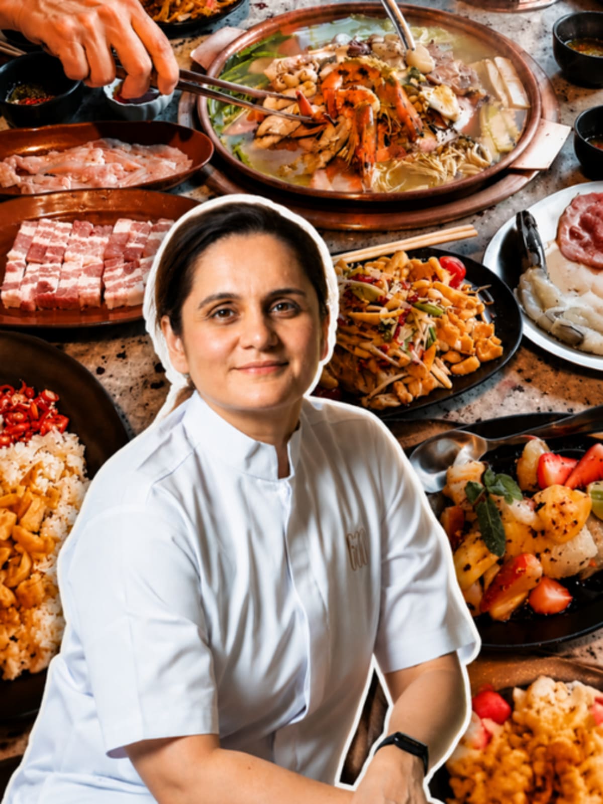 Chef Garima Arora in chef's whites at her Bangkok restaurant Gaa