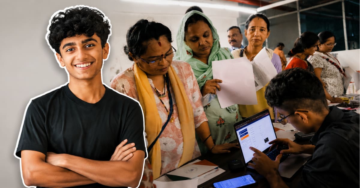 Teenage boy helping domestic worker register for government benefits on laptop