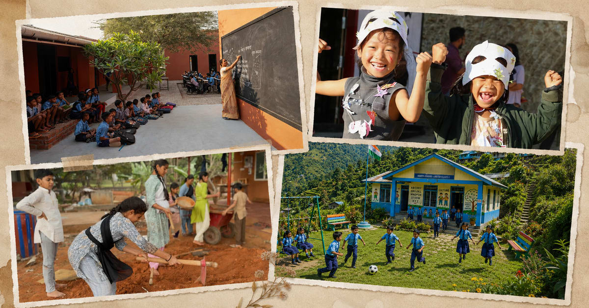 Children learning outdoors under trees at an alternative Indian school surrounded by nature
