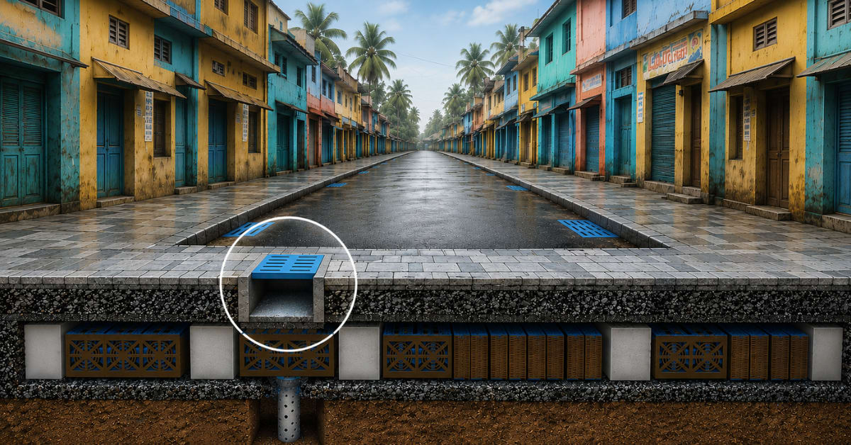 Honeycomb-structured recycled plastic drainage system installed beneath urban road capturing rainwater