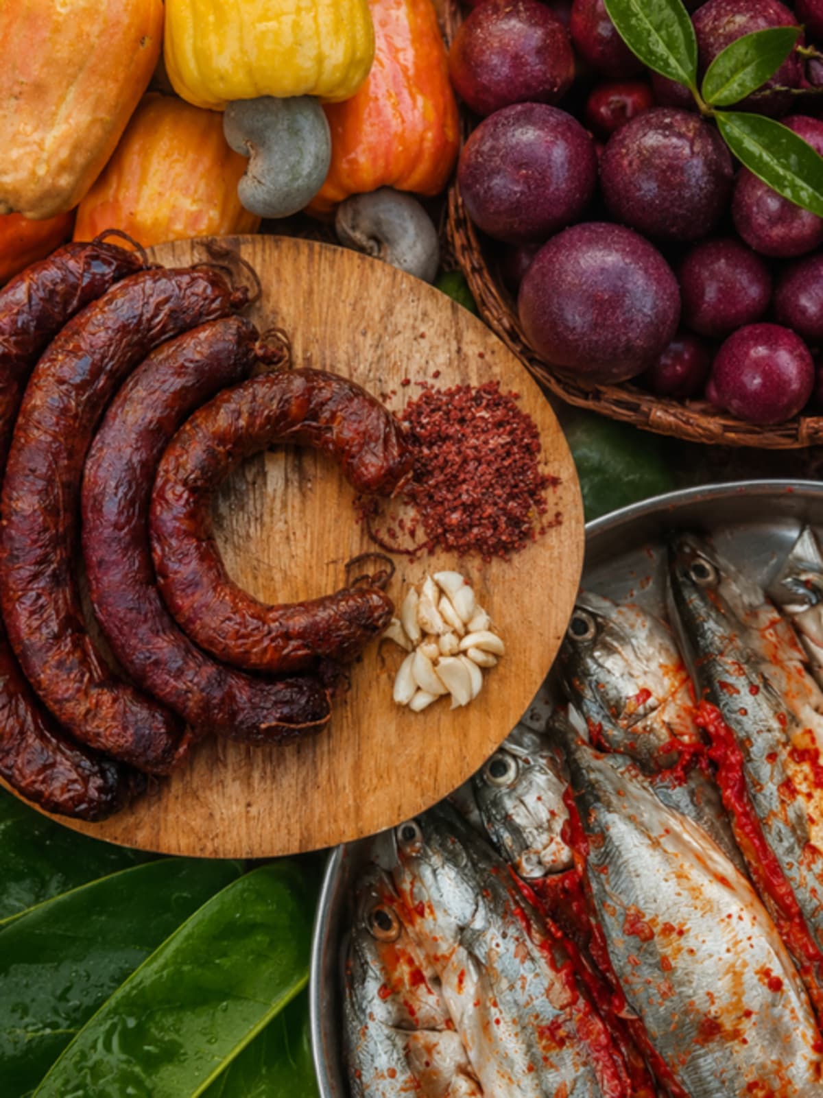 Colorful display of dried fish, spices, and fresh greens at traditional Goan monsoon market stall