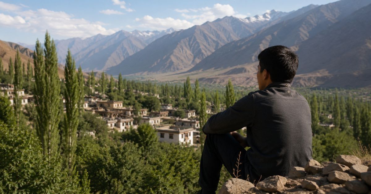 Traditional Himalayan village with sun-dried mud brick buildings nestled in mountain landscape