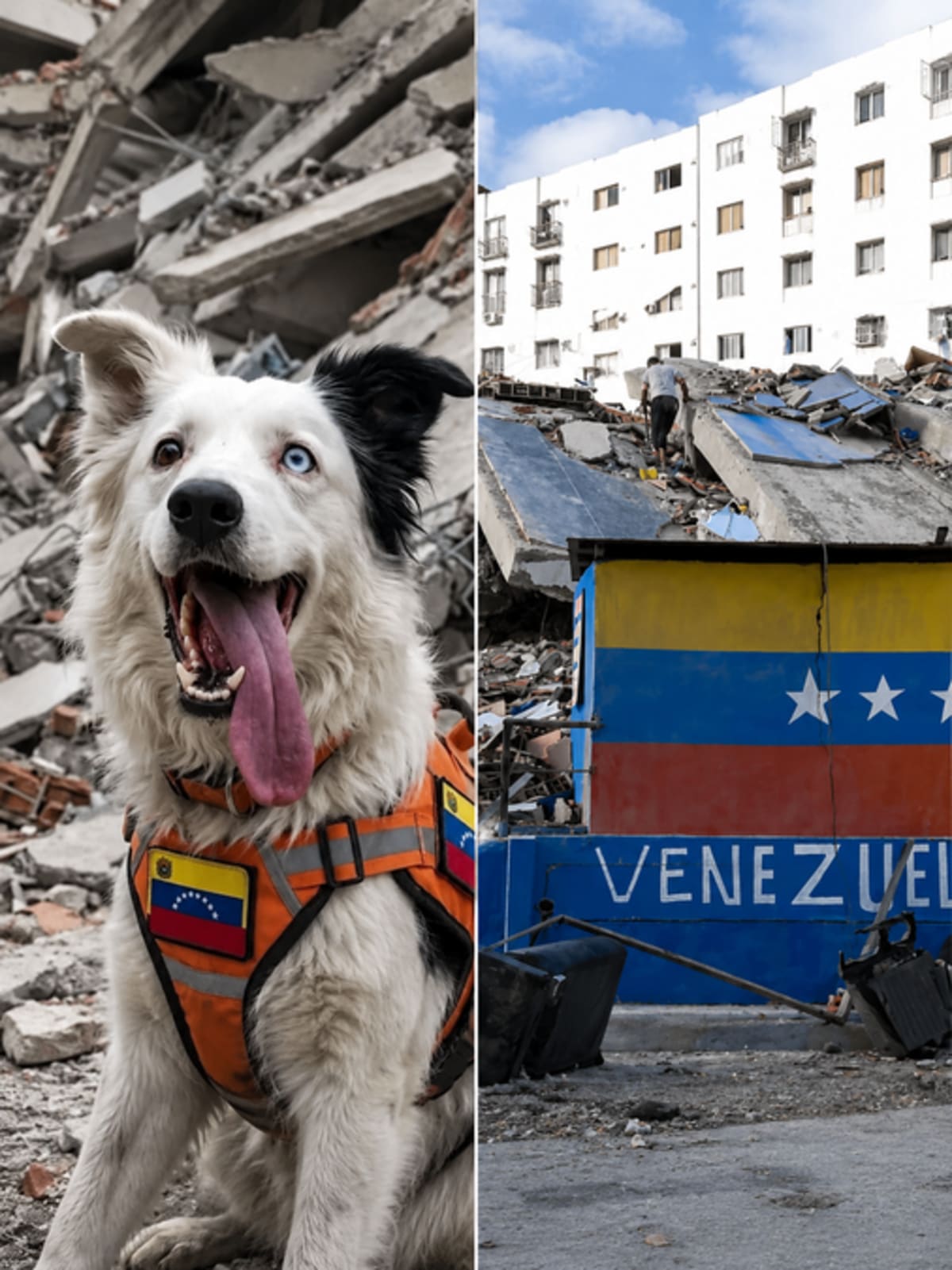 Border Collie rescue dog Tsunami searching through earthquake rubble in Venezuela disaster zone
