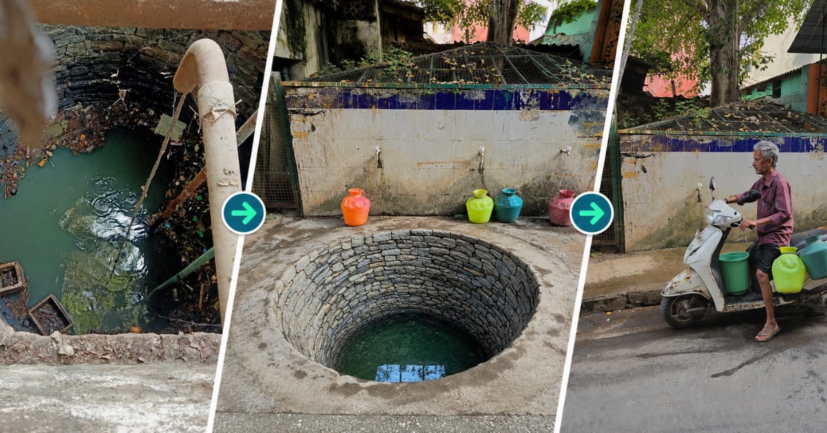 Restored circular stone well with protective canopy in Bengaluru neighborhood with residents collecting water