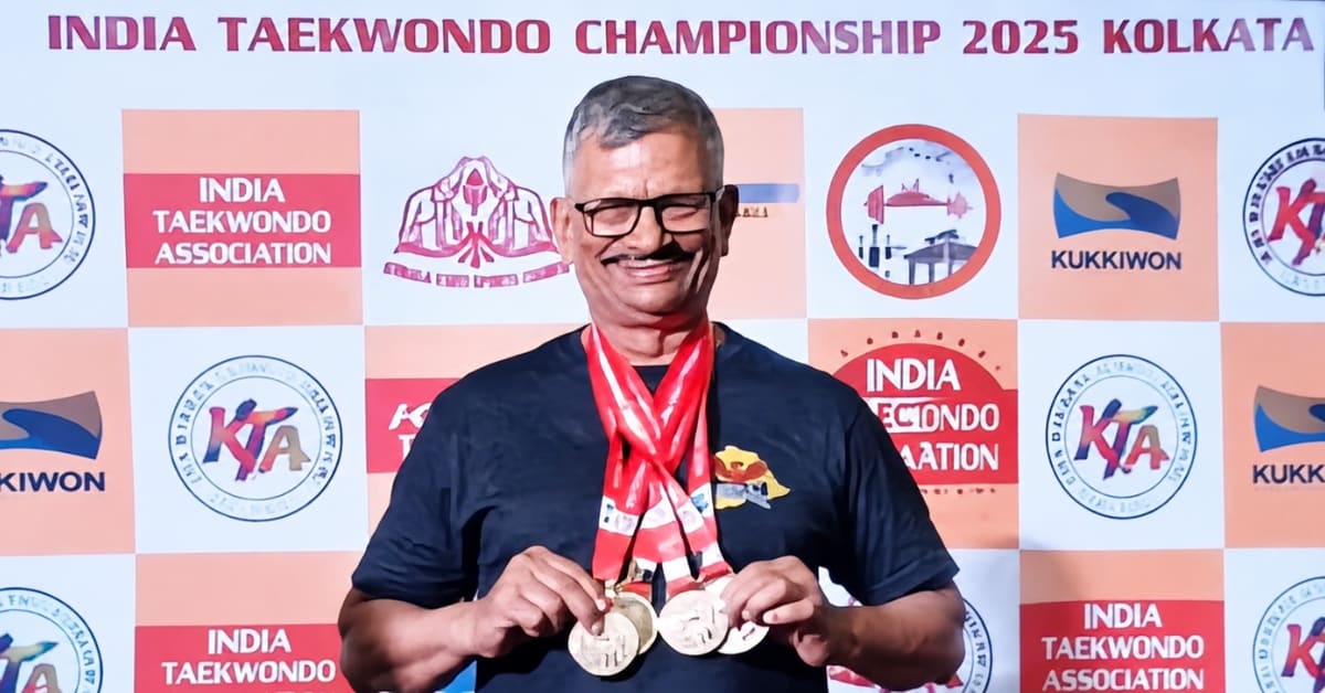 73-year-old D V Shankar Rao lifting weights in gym with coach watching nearby
