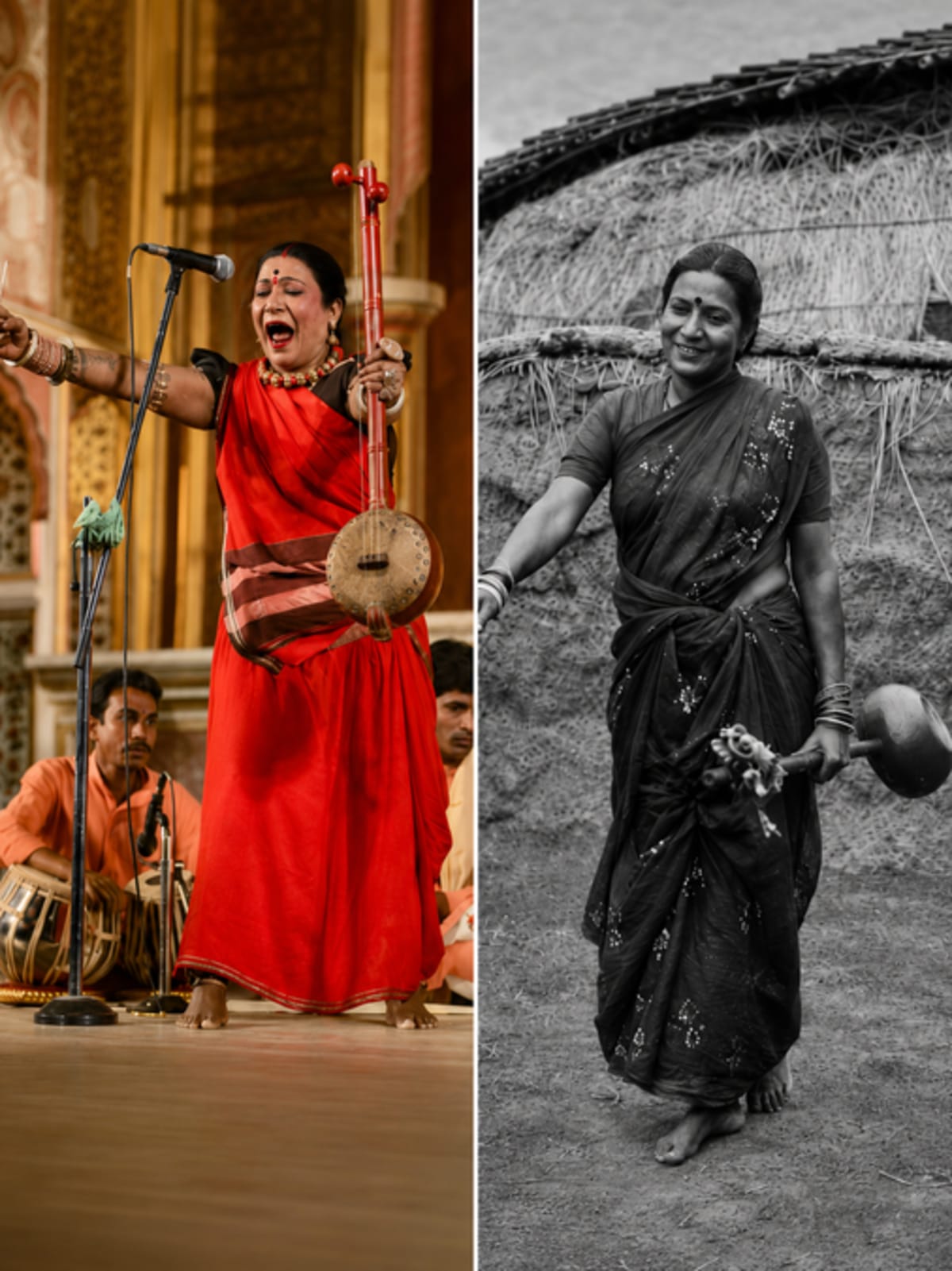 Teejan Bai performing Pandavani folk art with tambura in traditional dress on stage