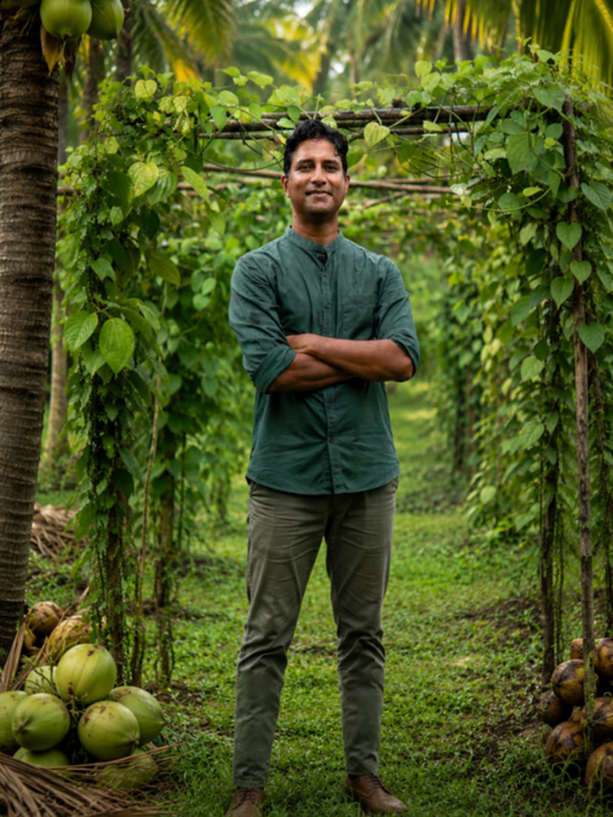 Rohan Nazareth stands in coconut groves at his zero-waste farm in North Goa