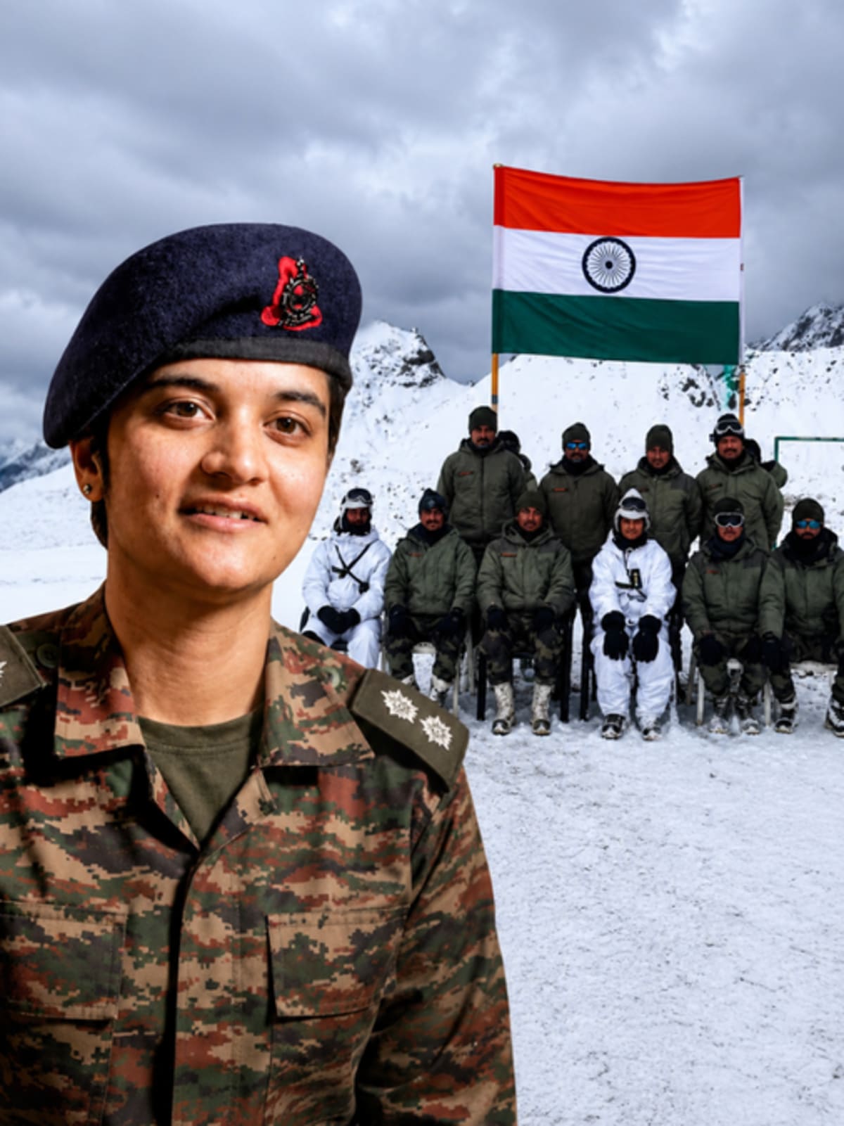 Captain Shiva Chauhan in military uniform standing at high altitude Siachen Glacier post