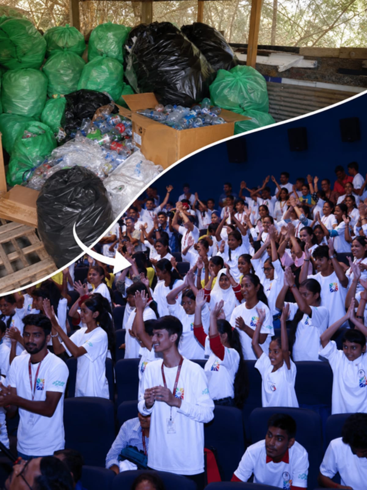 College students sorting plastic waste on Mumbai campus for recycling into clothing