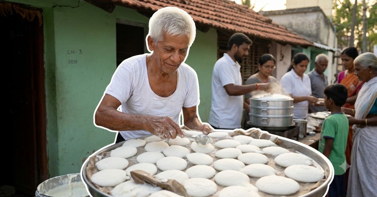 Elderly Indian man Ramchandra serving traditional steaming idlis at his small Karnataka food shop