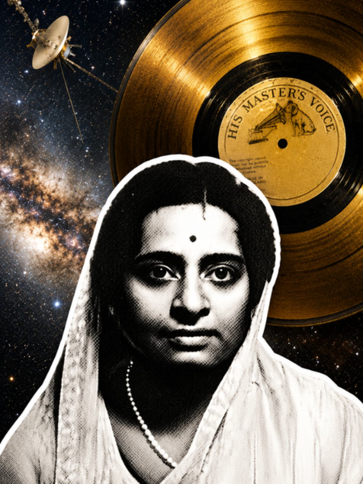 Voyager spacecraft illustration with golden record disc traveling through starry space