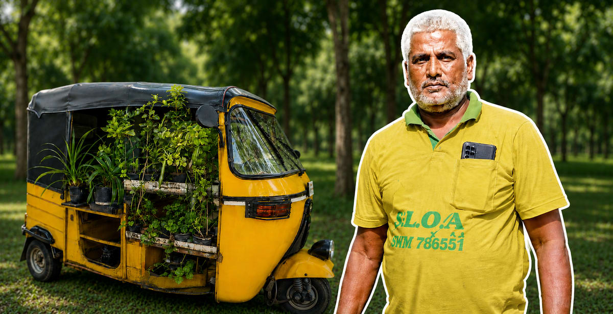 Auto rickshaw driver N Palanisamy watering young tree saplings in Tamil Nadu India