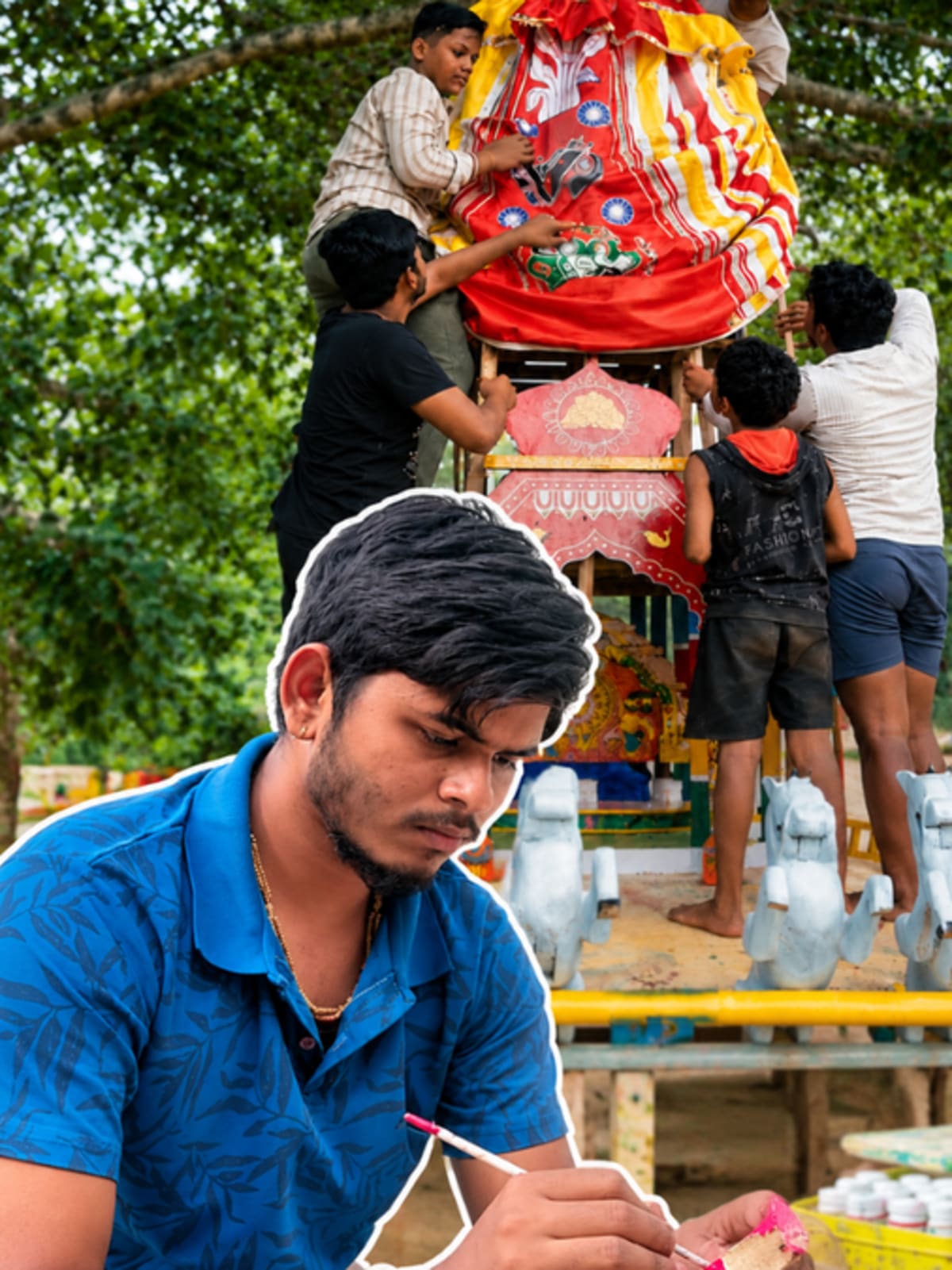Young man working on detailed miniature religious chariot with colorful traditional designs in Bhubaneswar workshop