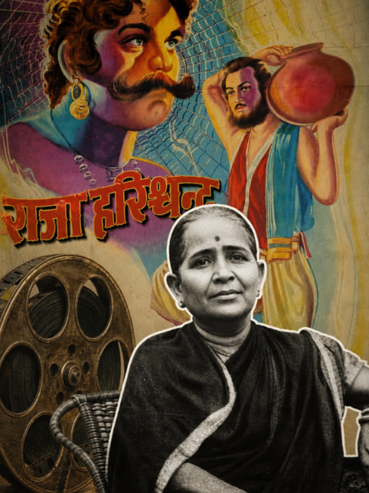 Woman using scissors and glue to hand-splice film strips in early 1900s India studio
