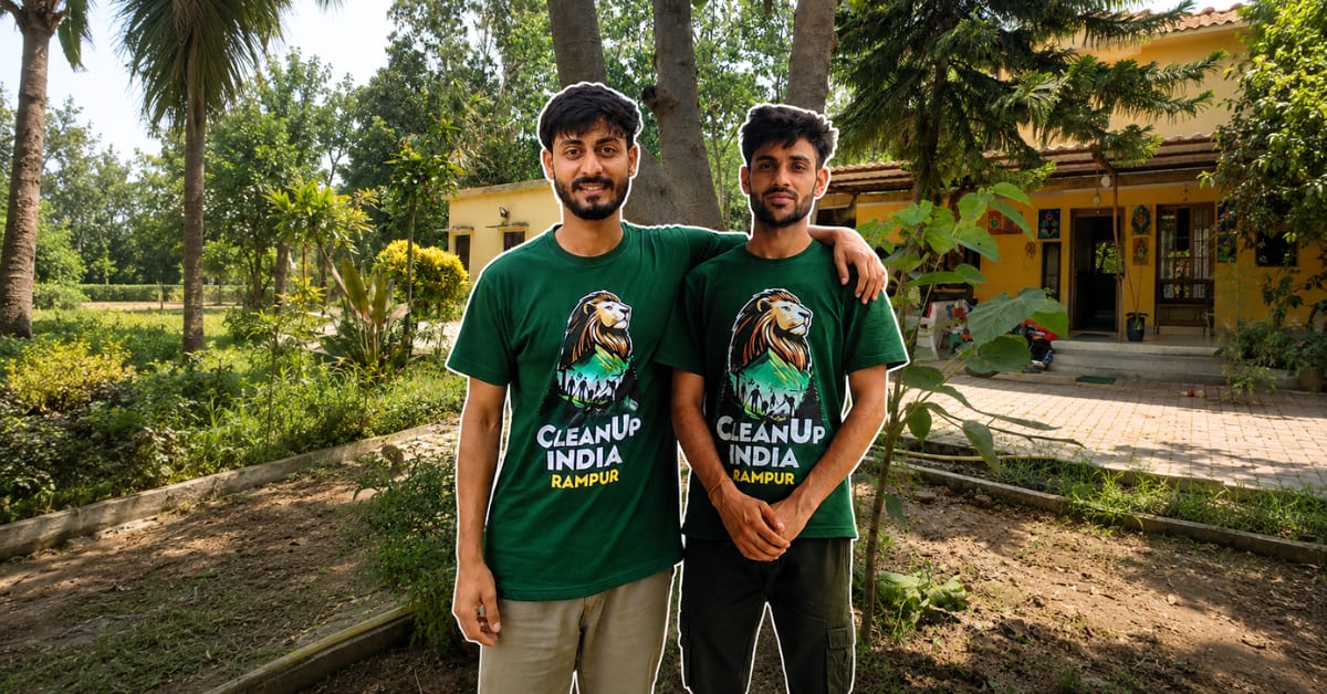 Young volunteers collecting plastic waste and debris from Ganga riverbank in Uttar Pradesh