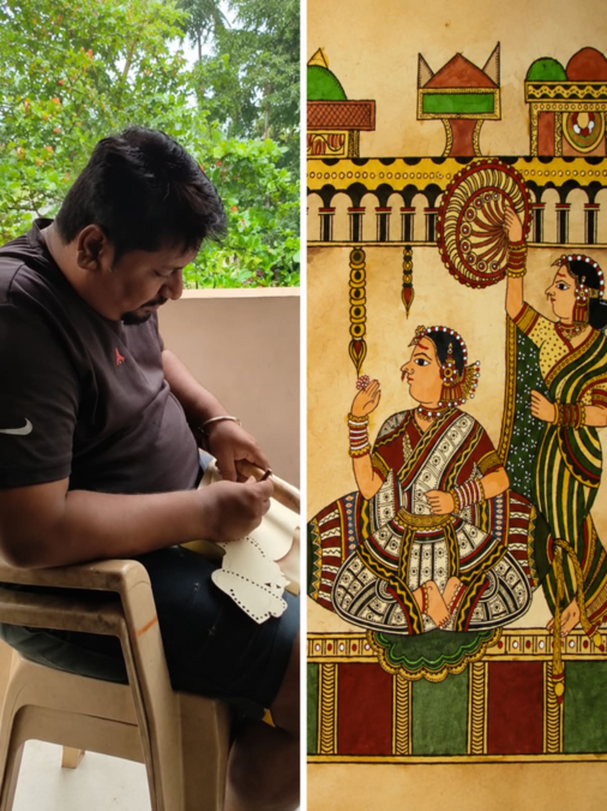 Traditional Chitrakathi hand-painted illustrations displayed in family museum showcasing ancient Indian storytelling art
