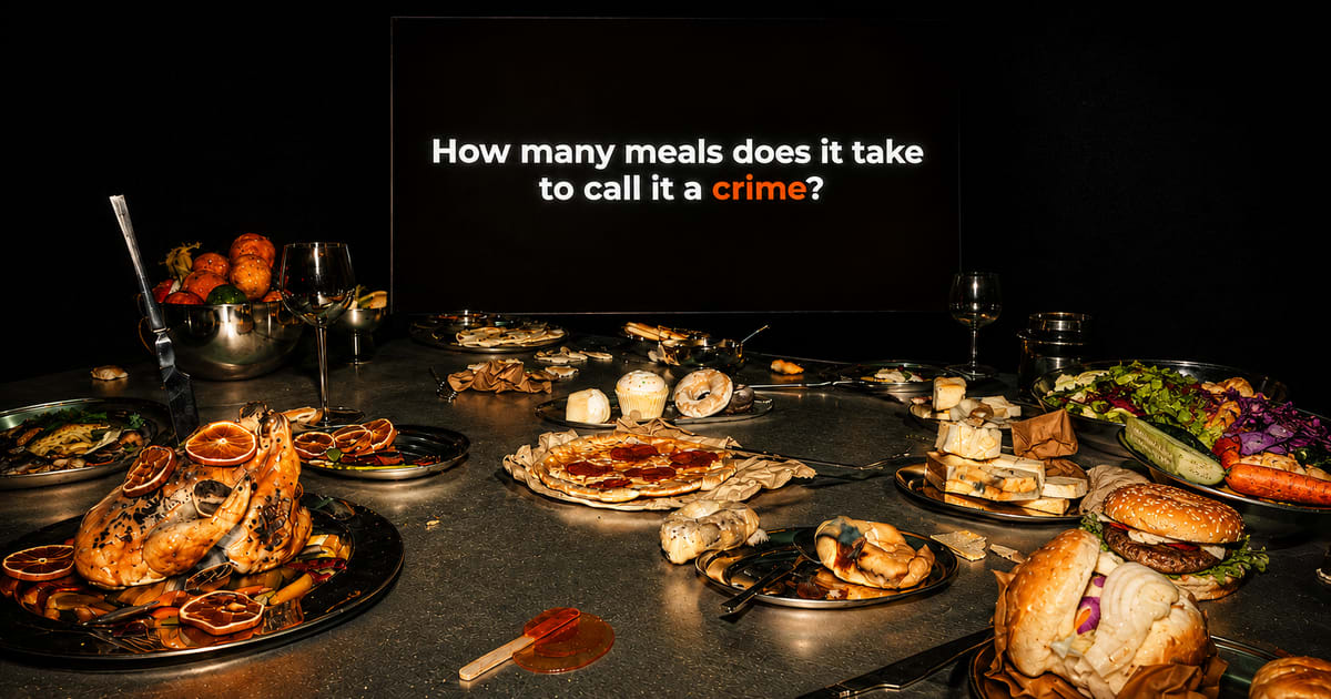 ** Hyper-realistic fake food leftovers on steel table from Abundance and Absence exhibition