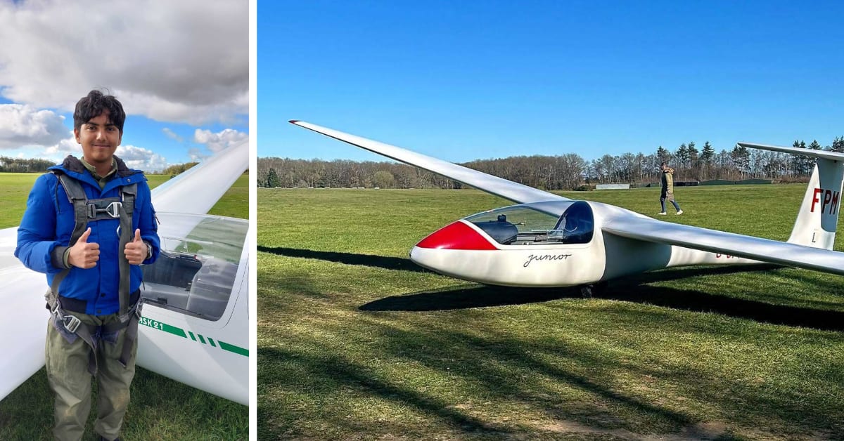 Young teenage boy in glider cockpit preparing for solo flight over Kent countryside
