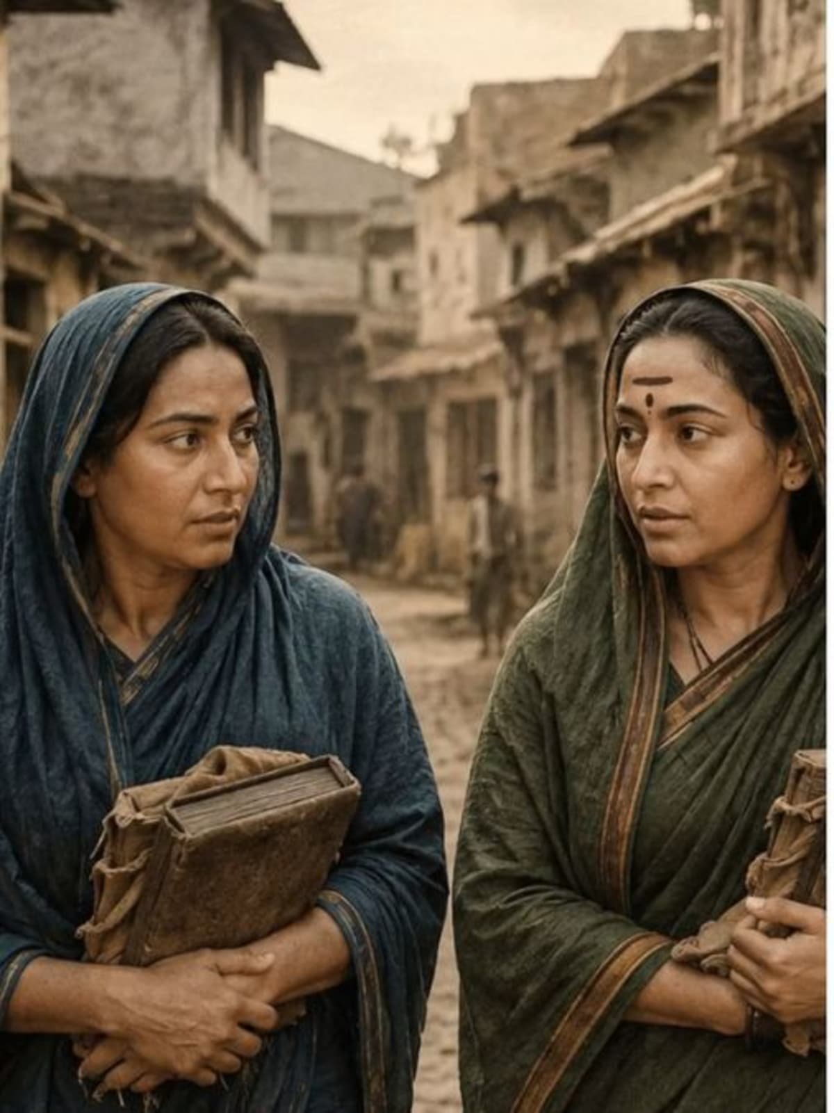 Historical illustration of Savitribai Phule and Fatima Sheikh teaching young girls in nineteenth century India