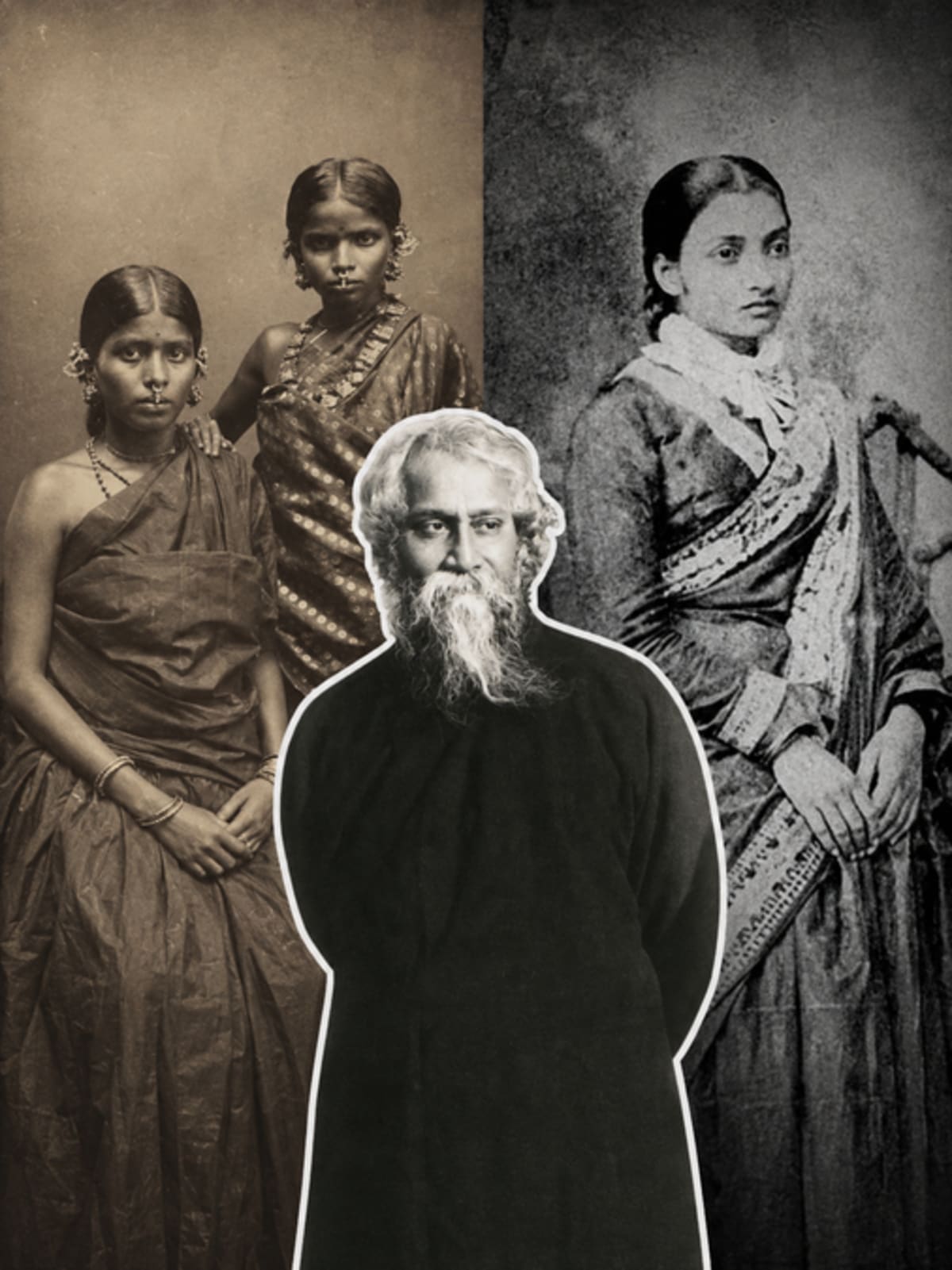Historical illustration showing traditional Indian saree draping styles from the nineteenth century Bengal region