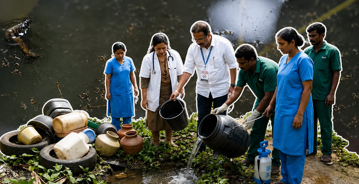 Residents in Kerala neighborhood checking homes together for mosquito breeding sites during monsoon season