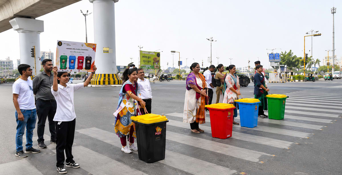 Ahmedabad Municipal Corporation workers demonstrating waste segregation with four labeled bins at busy traffic intersection
